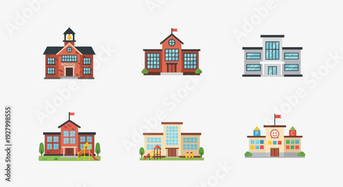 Collection of School Building Illustrations with Varied Architectural Styles and Designs.