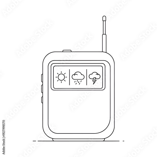 Digital weather station displays sunny rainy and thunderstorm icons with antenna for wireless connectivity minimalist white design compact size