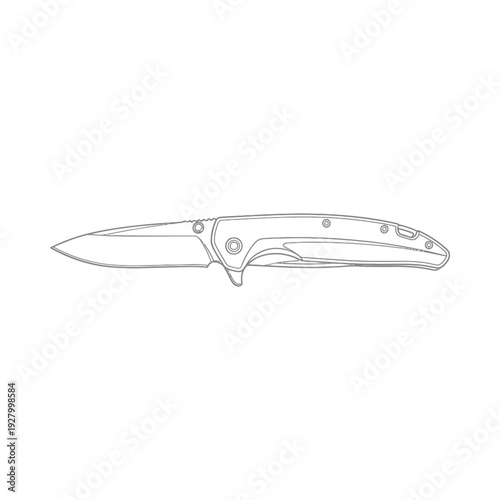 Detailed line drawing of a pocket knife with open blade and textured handle on white background showcasing precise craftsmanship and design details