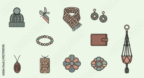 Illustrative set of diverse fashion accessories jewelry and handmade craft items.