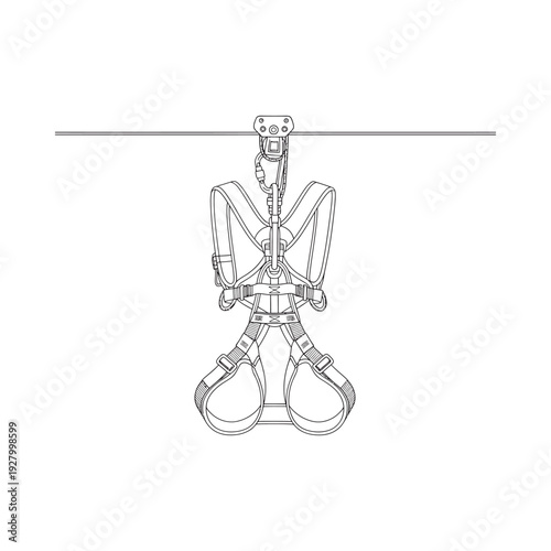 Safety harness suspended from overhead line detailed illustration showing straps and buckles white background safety equipment for workers