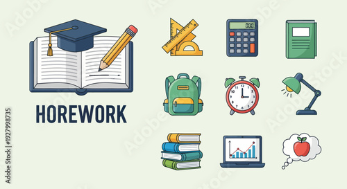 Colorful Education and School Supplies Icons Set.