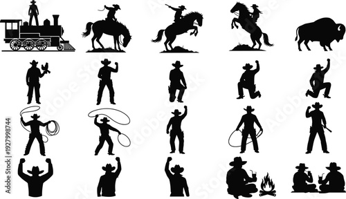 Wild West Silhouette Collection Featuring Cowboys on Horses, Steam Train Robbery, Lassoing Action, Buffalo, Campfire Scenes, and Classic Frontier Life Graphics
