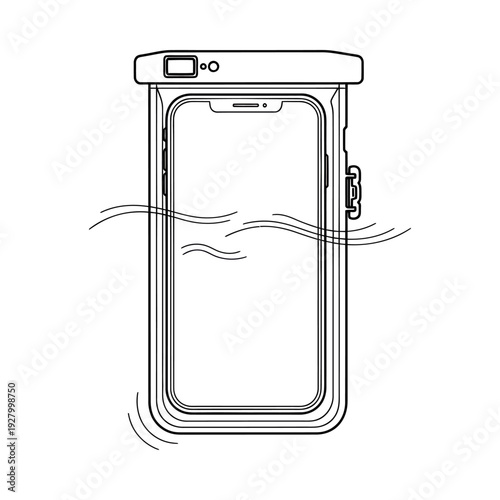 Smartphone in waterproof pouch partially submerged in water with secure closure and clear visibility of device screen and buttons