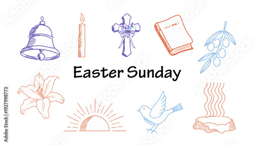 Vibrant Easter Sunday icons and symbols in colorful illustration