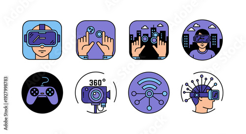 Colorful set of virtual reality augmented reality and immersive technology icons.