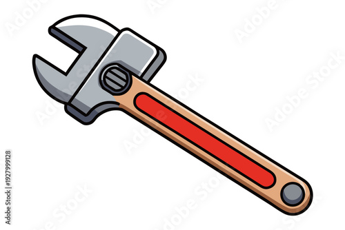 Cartoon adjustable wrench with red handle and metallic head on white background for tool iconography and mechanical concepts