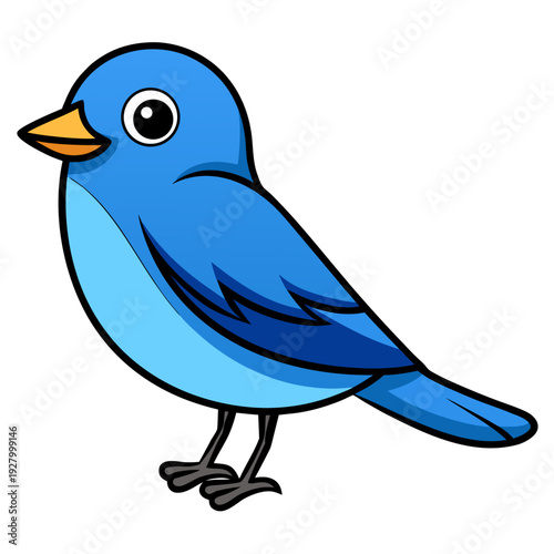 Colorful blue cartoon bird with bright yellow beak and playful expression on white background