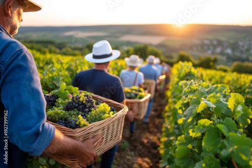 Organic Vineyard Experience with Guests Collecting Grapes During Sunset in Scenic Landscape