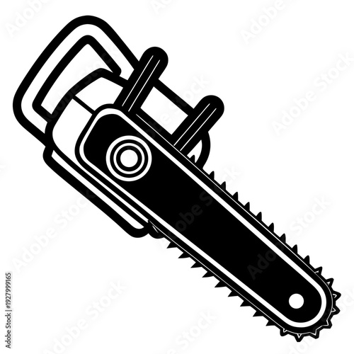 Sleek black and white chainsaw illustration with sharp blade and handle emphasizing mechanical design and functionality in bold outline style