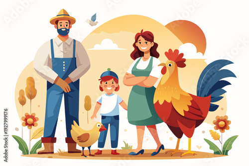 Cartoon farming family with rooster and hen in sunny countryside setting featuring farmer, child, and mother surrounded by nature