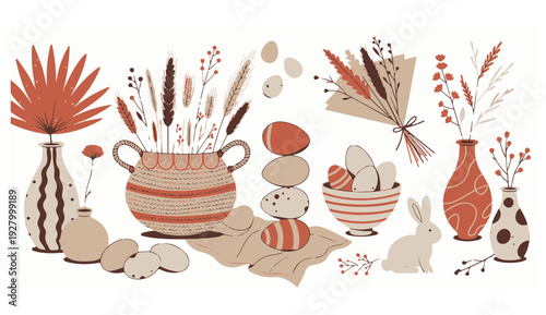 Cozy bohemian still life with vintage ceramics and dried plants in warm earthy tones