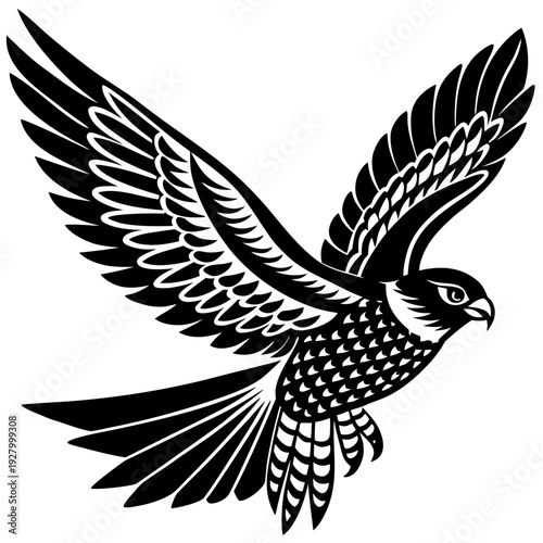Intricate black and white falcon silhouette with spread wings and detailed feather patterns in bold line art style