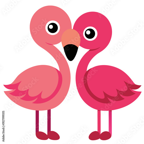 Colorful cartoon flamingos: adorable pair displaying vivid pink and red plumage with cute expressions and playful design