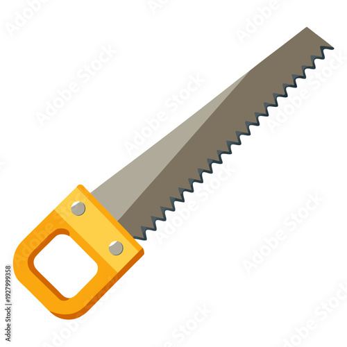 Yellow hand saw with orange handle and sharp jagged blade for woodworking and carpentry tasks