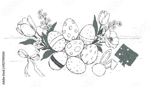 Easter eggs and flowers in a festive spring arrangement