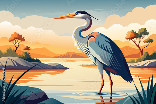 Majestic heron standing gracefully in serene sunset landscape by tranquil lake with colorful trees and mountains in the background