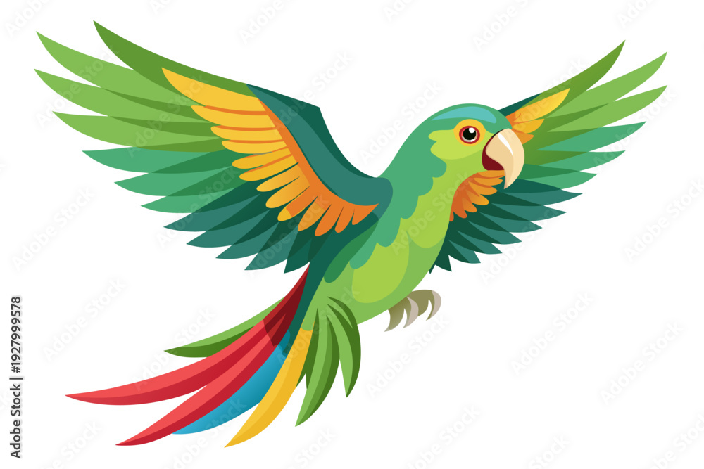 Fototapeta premium Colorful parrot in flight with multicolored feathers and vibrant wings on a clean white background