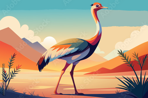 Colorful ostrich standing in vibrant desert landscape with mountains and sunset sky in background