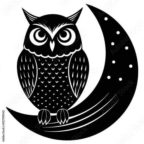 Intricate black and white owl illustration perched on crescent moon featuring night sky elements and stylized ornamental details