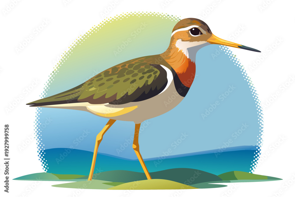 Obraz premium Elegant shorebird with colorful plumage standing on sandy beach against vibrant sky and calm ocean waves in stunning nature illustration