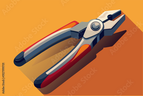 Stylized metal pliers with red handles on orange background featuring long shadow in vector art style