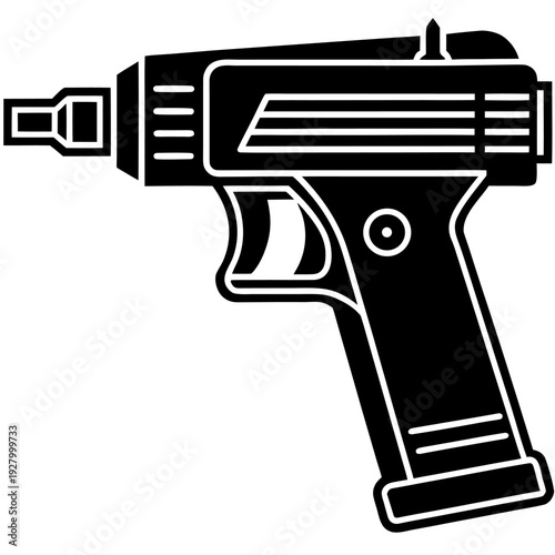 Bold black and white line art of a futuristic ray gun with retro design featuring geometric shapes and sleek details