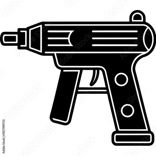 Minimalist black and white line art of a hot glue gun with detailed design, modern craft tool image for diy art and crafting enthusiasts