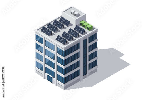 Isometric modern office building with solar panels on roof, promoting sustainable energy and eco-friendly business practices