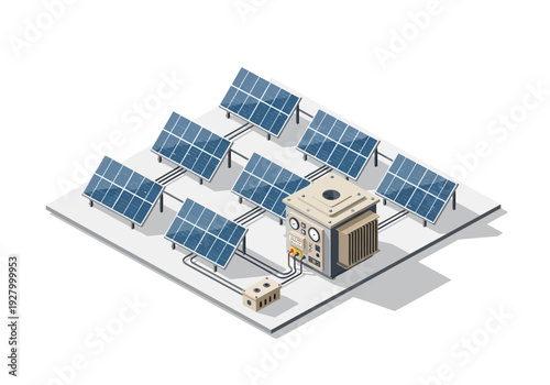 Renewable energy system with solar panels and power distribution unit, illustrating sustainable power generation and grid connection