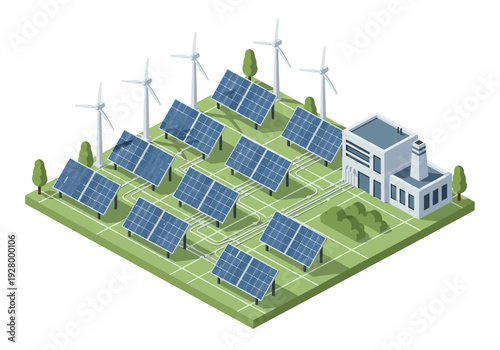 Renewable energy farm with solar panels and wind turbines, powering a clean energy future