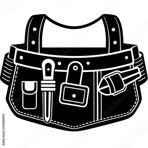 Black and white tool belt icon with pockets and tools for practical construction and home improvement