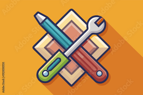 Colorful icon of crossed pencil and wrench on geometric diamond shape with long shadow on orange background