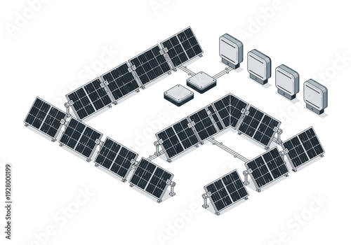 Conceptual Isometric Illustration of a Sustainable Solar Energy System with Inverters and Panels