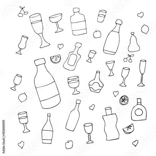 Hand-drawn set of bottles with apples, cherries, lemons, and hearts. Black and white vector illustration in a linear style. 