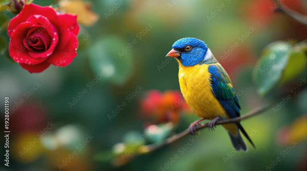 Fototapeta premium Lovebirds on red rose branches