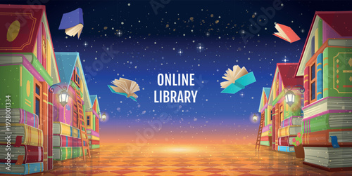 Fantasy online library street made of colorful books under starry night sky with glowing lights and flying books. Education and digital learning concept. Vector illustration with copy space.