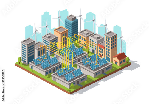 Modern city powered by renewable solar and wind energy systems on rooftops and buildings
