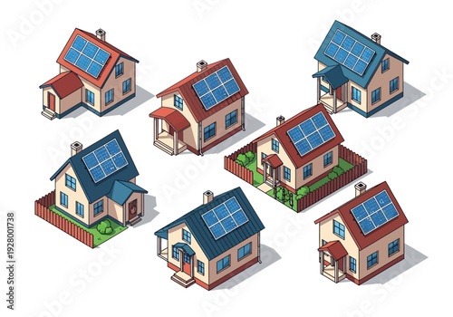 Collection of isometric houses featuring solar panels on their roofs, illustrating sustainable energy solutions