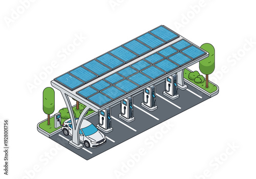 Eco-friendly electric vehicle charging station powered by solar panels in a parking lot