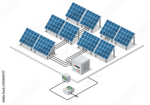 Solar panel system with inverter and energy meter, illustrating renewable energy generation and management