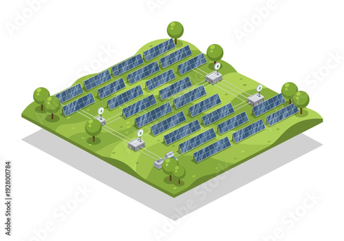 Sustainable energy generation with a large solar panel farm situated on a grassy hill with trees, illustrating renewable power