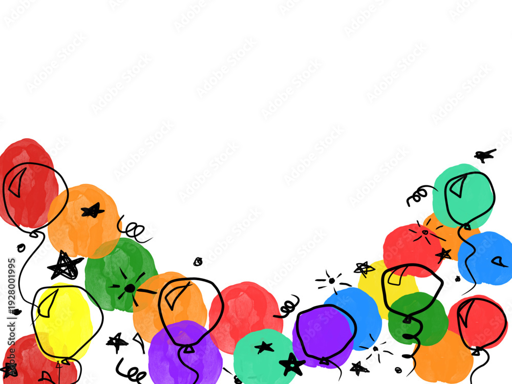Fototapeta premium birthday banner. frame hand drawn cartoon watercolor balloons symbols of birthday party. design holiday greeting card and invitation of birthday and holidays background