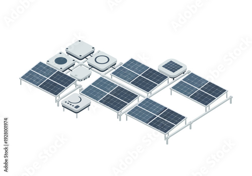 Modern floating solar farm with multiple panels and energy storage units generating sustainable electricity from sunlight