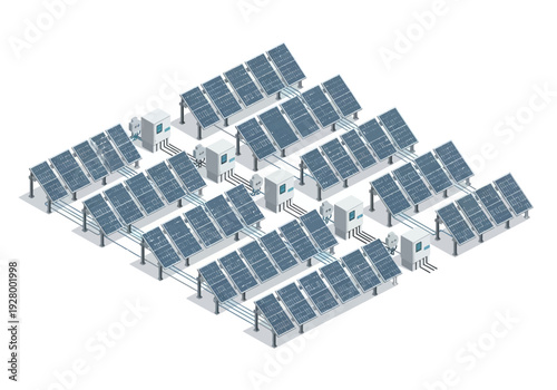 Solar energy farm with photovoltaic panels and inverters, creating renewable electricity from sunlight for sustainable power generation