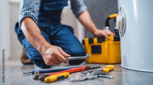 Technician performing furnace repair service with toolset and diagnostic check near a gas furnace, representing maintenance, troubleshooting, and emergency heating repair.