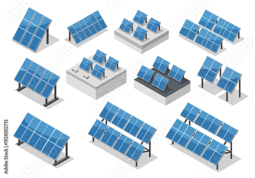 Collection of isometric solar panels on stands and roofs, representing renewable energy solutions and eco-friendly technology