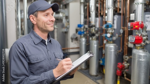 Technician inspecting heating system for preventative maintenance, technician with clipboard examining boiler and piping in mechanical room, ensuring safe operation and routine service.