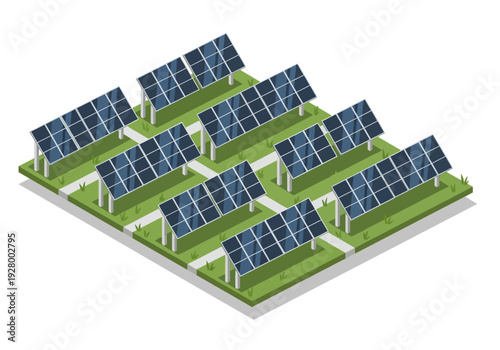 Modern solar panel farm illustration with rows of blue solar panels on green grass fields