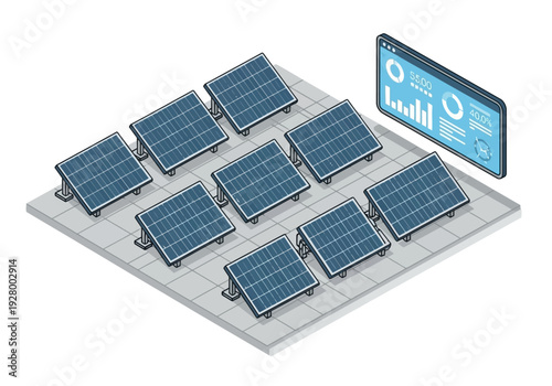 Innovative solar panel array with digital monitoring system displaying energy production data